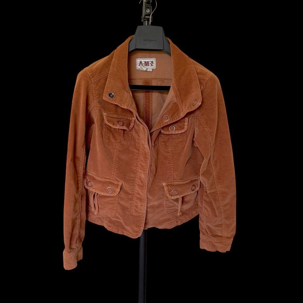 Y2K Boho AMX Rust Brown Corduroy Utility Jacket Small Cotton Blend Cargo Pockets